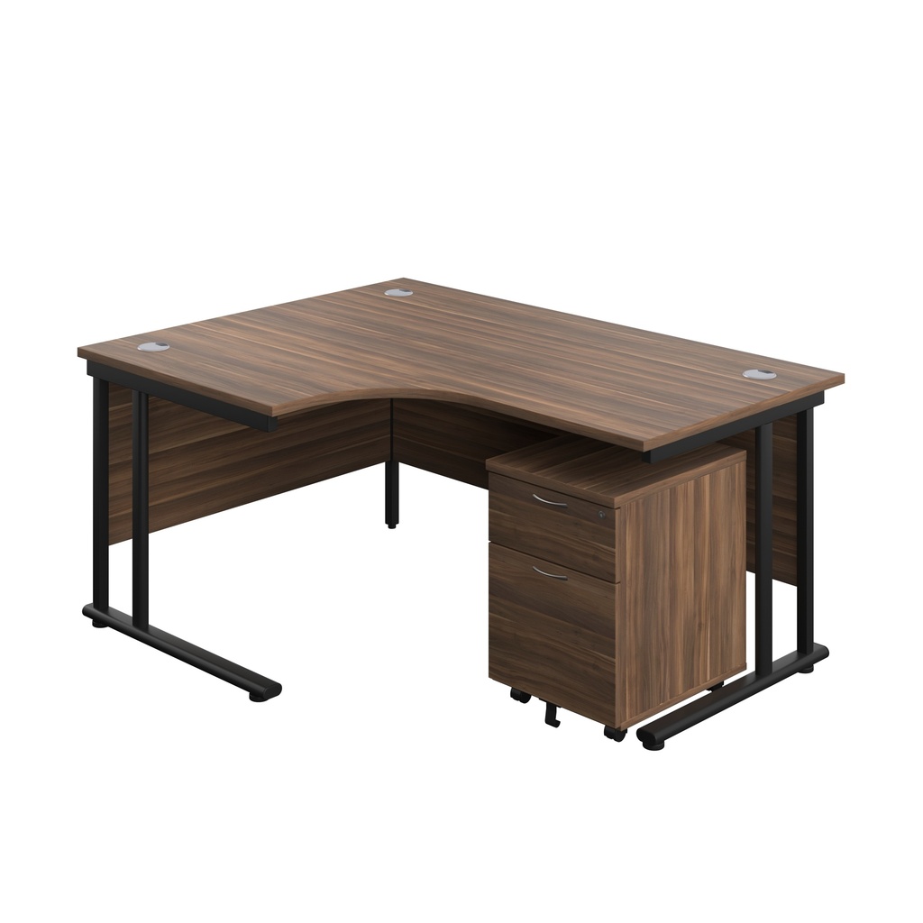 Twin Upright Left Hand Radial Desk + Mobile 2 Drawer Pedestal (FSC) | 1600X1200 | Dark Walnut/Black | 
