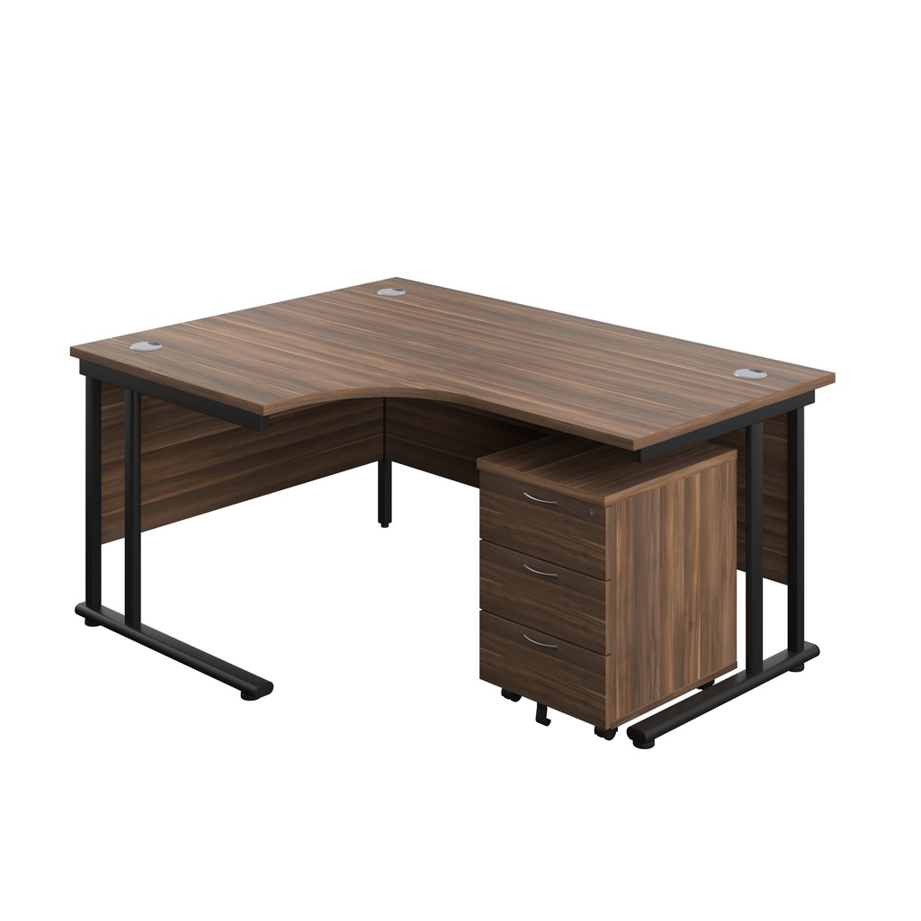Twin Upright Left Hand Radial Desk + Mobile 3 Drawer Pedestal (FSC) | 1600X1200 | Dark Walnut/Black | 
