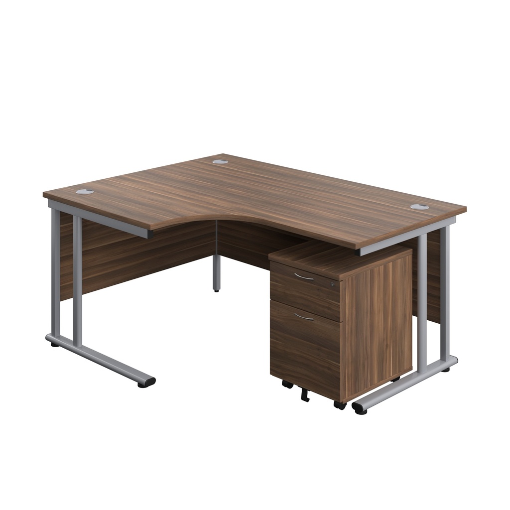 Twin Upright Left Hand Radial Desk + Mobile 2 Drawer Pedestal (FSC) | 1600X1200 | Dark Walnut/Silver | 