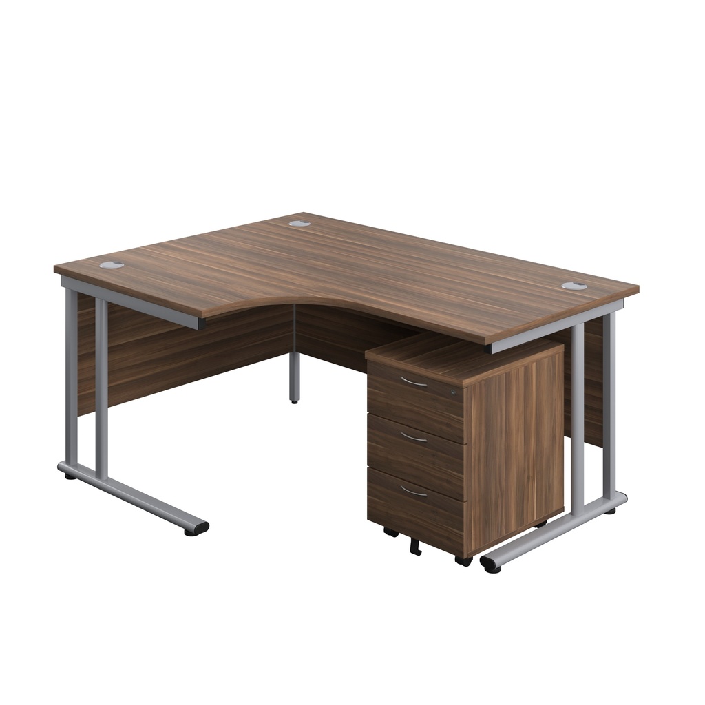 Twin Upright Left Hand Radial Desk + Mobile 3 Drawer Pedestal (FSC) | 1600X1200 | Dark Walnut/Silver | 