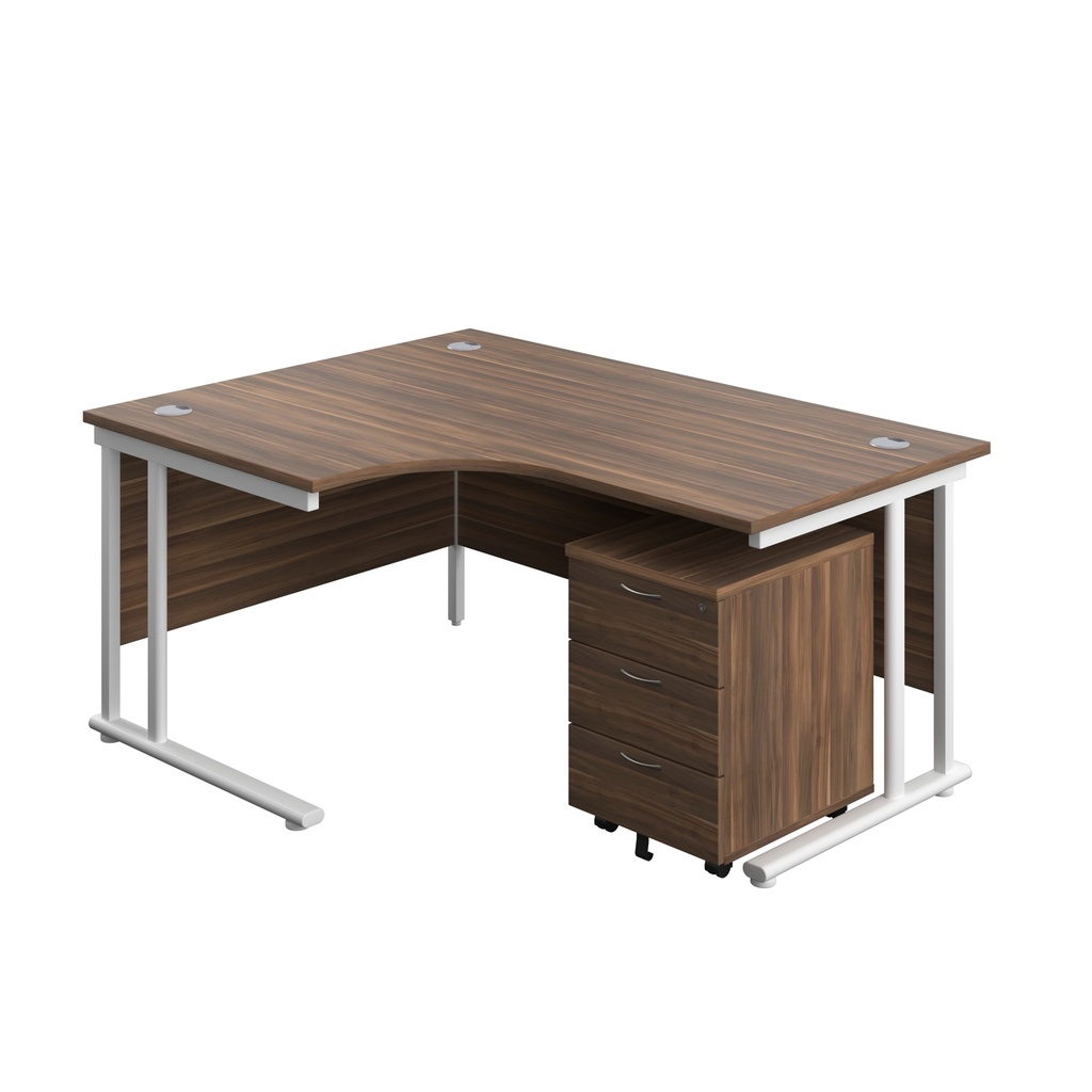 Twin Upright Left Hand Radial Desk + Mobile 3 Drawer Pedestal (FSC) | 1600X1200 | Dark Walnut/White | 