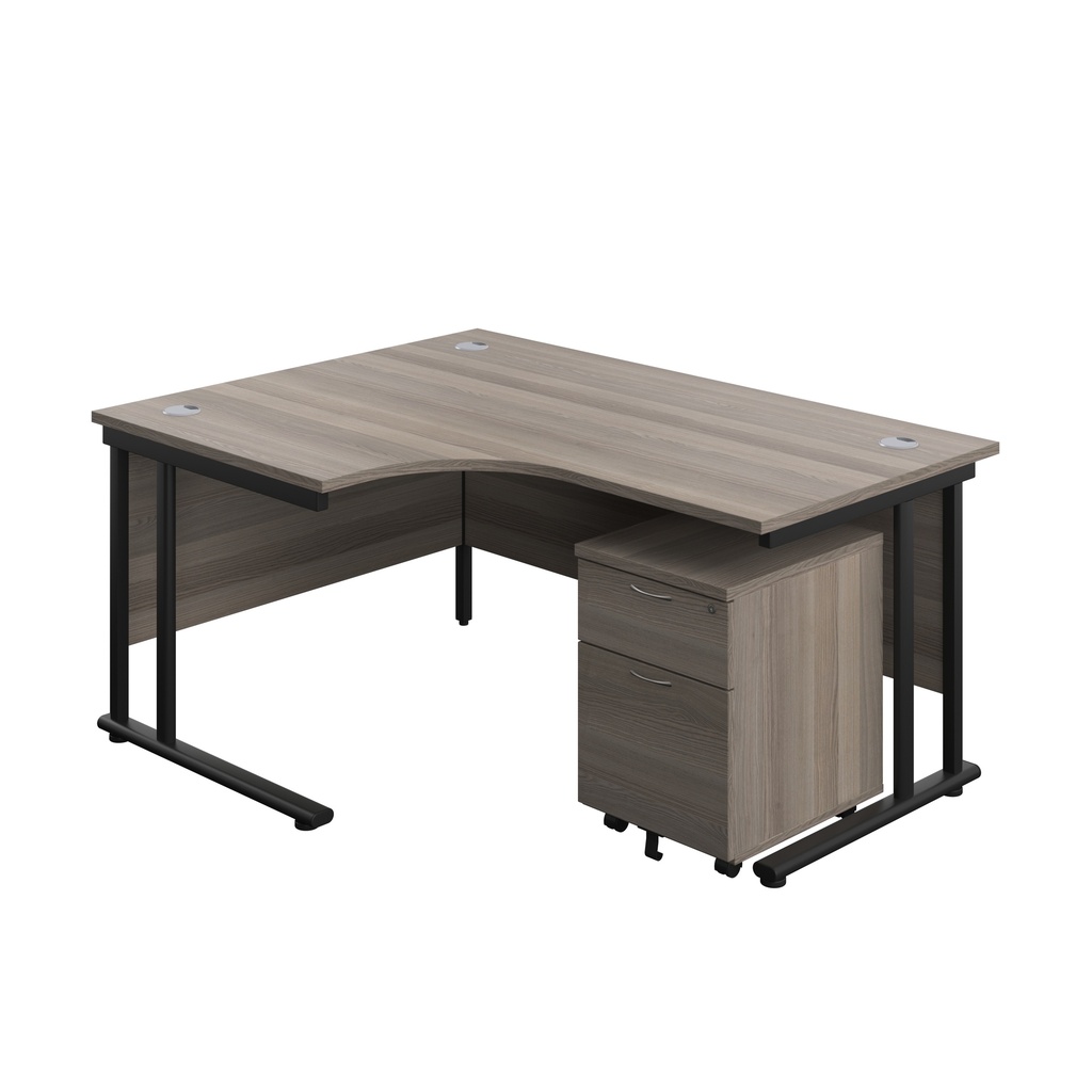 Twin Upright Left Hand Radial Desk + Mobile 2 Drawer Pedestal (FSC) | 1600X1200 | Grey Oak/Black | 