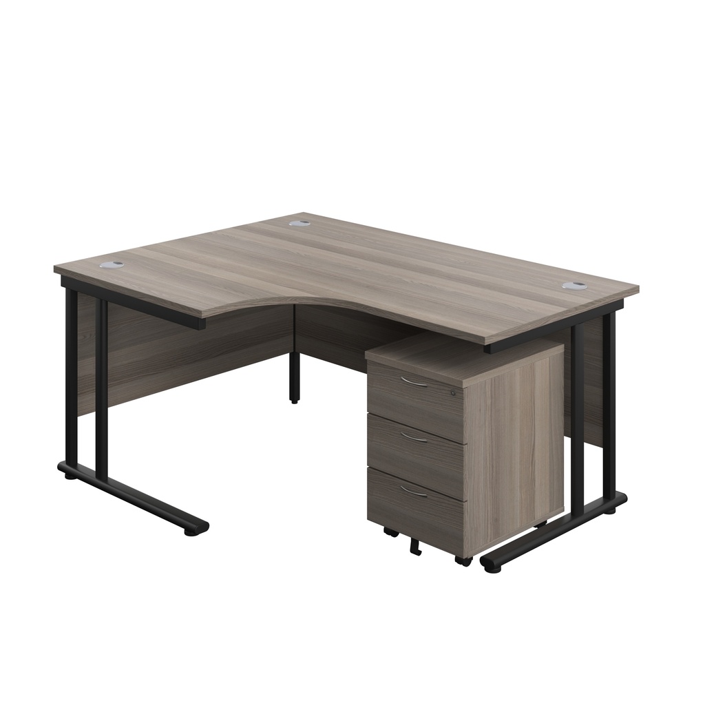 Twin Upright Left Hand Radial Desk + Mobile 3 Drawer Pedestal (FSC) | 1600X1200 | Grey Oak/Black | 