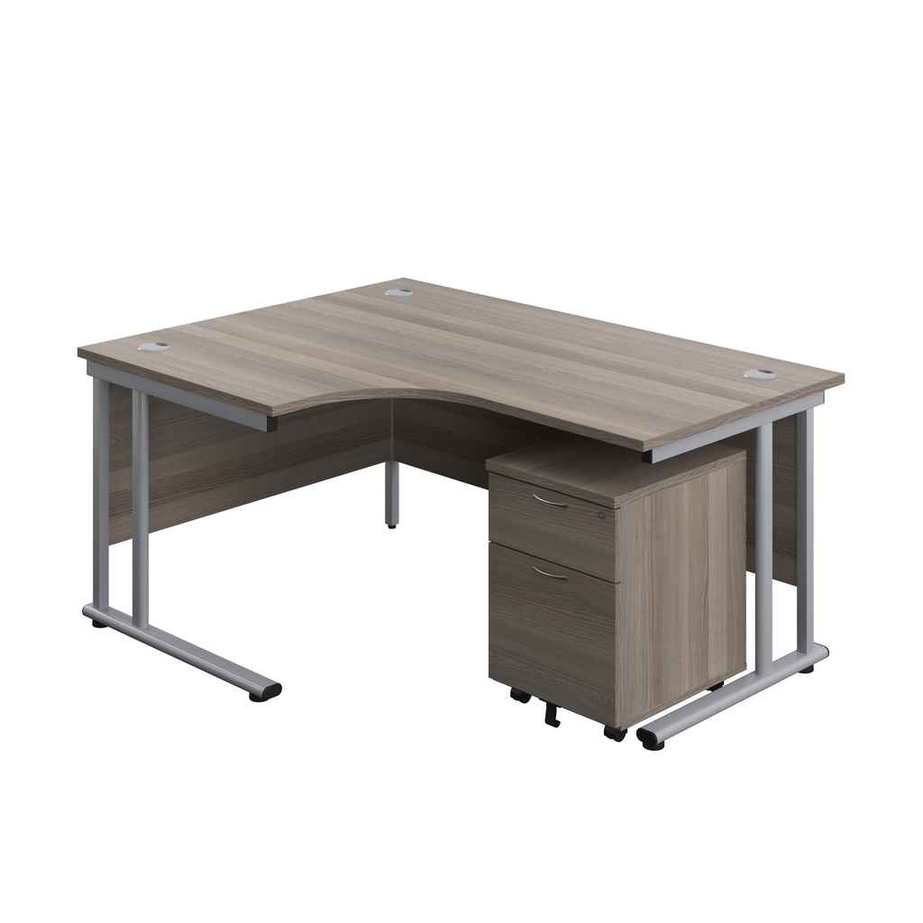 Twin Upright Left Hand Radial Desk + Mobile 2 Drawer Pedestal (FSC) | 1600X1200 | Grey Oak/Silver | 