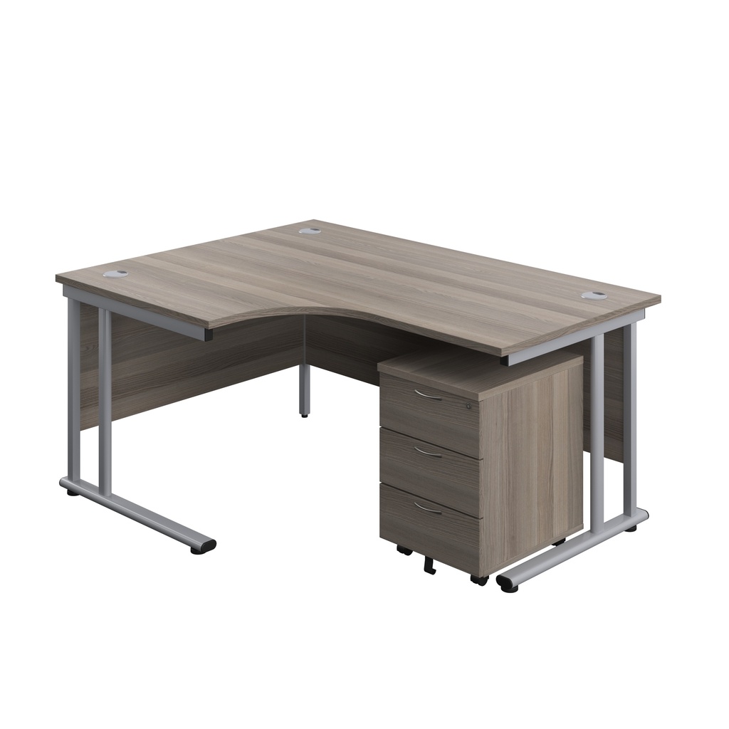 Twin Upright Left Hand Radial Desk + Mobile 3 Drawer Pedestal (FSC) | 1600X1200 | Grey Oak/Silver | 