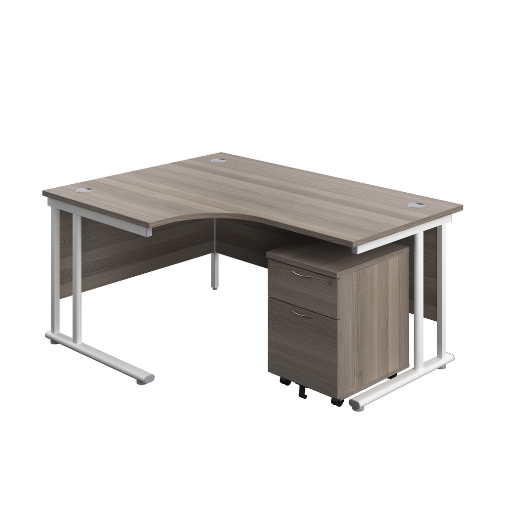 Twin Upright Left Hand Radial Desk + Mobile 2 Drawer Pedestal (FSC) | 1600X1200 | Grey Oak/White | 