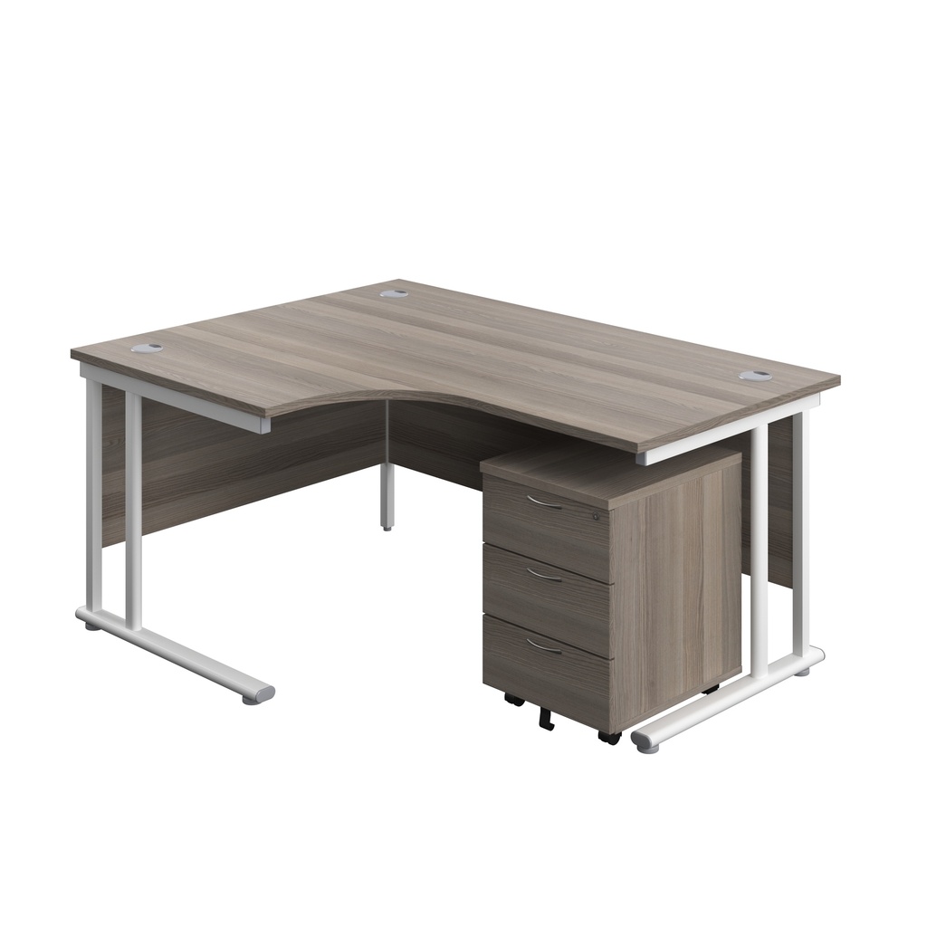 Twin Upright Left Hand Radial Desk + Mobile 3 Drawer Pedestal (FSC) | 1600X1200 | Grey Oak/White | 