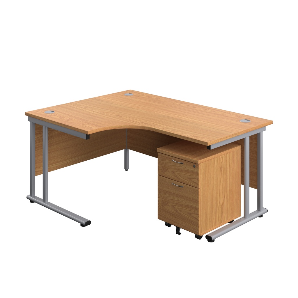 Twin Upright Left Hand Radial Desk + Mobile 2 Drawer Pedestal (FSC) | 1600X1200 | Nova Oak/Silver | 
