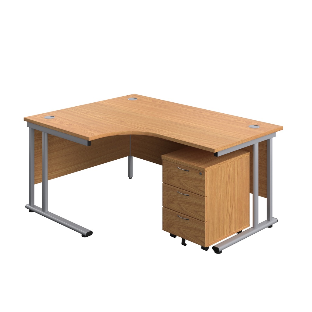 Twin Upright Left Hand Radial Desk + Mobile 3 Drawer Pedestal (FSC) | 1600X1200 | Nova Oak/Silver | 