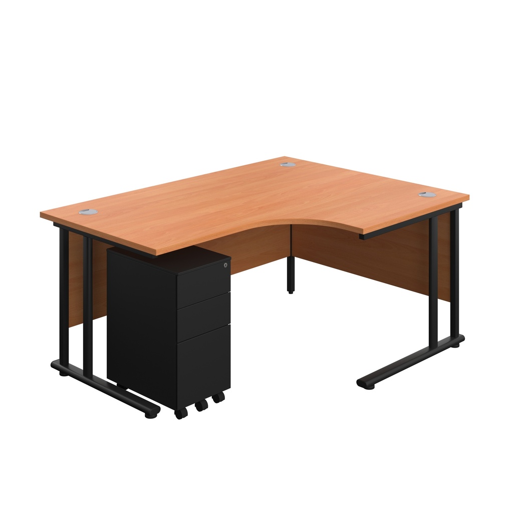Twin Upright Left Hand Radial Desk + Under Desk Steel Pedestal 3 Drawers (FSC) | 1600X1200 | Beech/Black | 