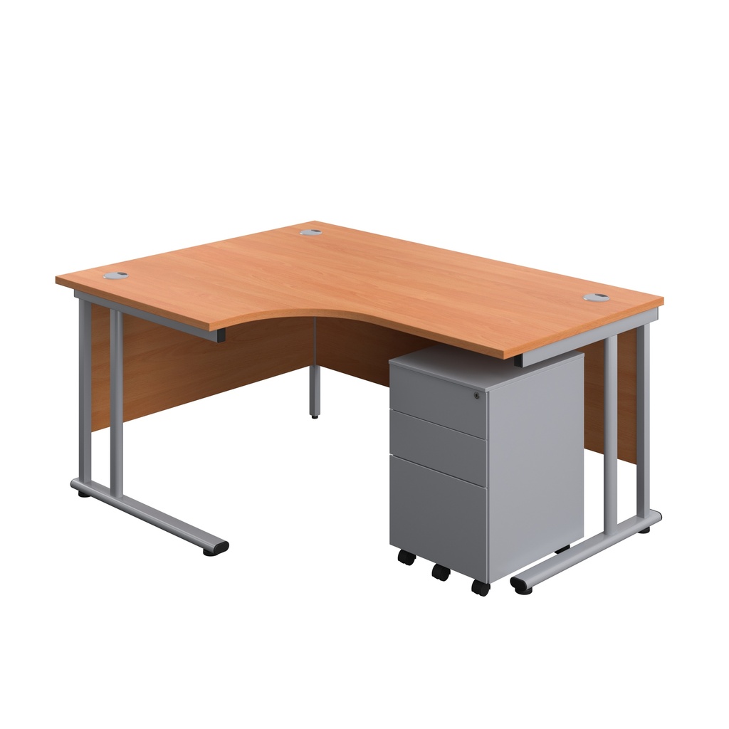 Twin Upright Left Hand Radial Desk + Under Desk Steel Pedestal 3 Drawers (FSC) | 1600X1200 | Beech/Silver | 