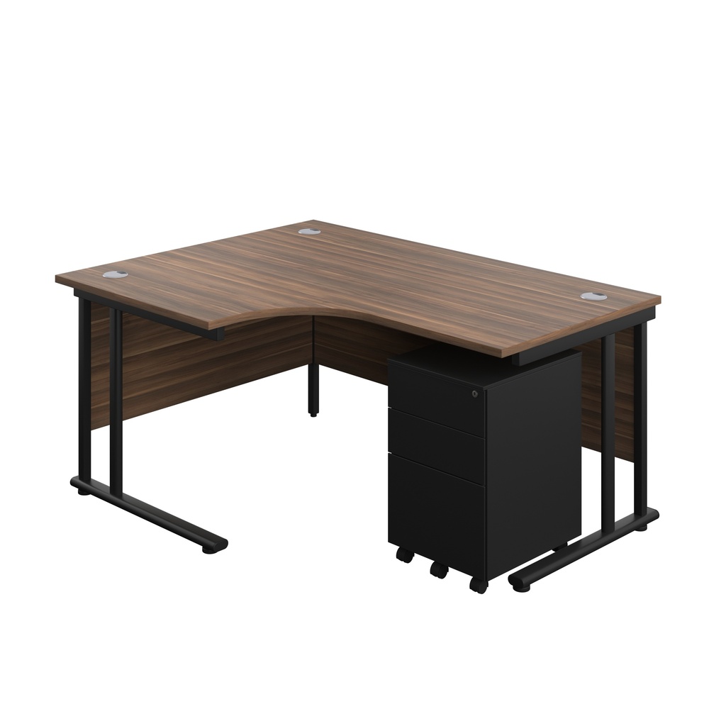Twin Upright Left Hand Radial Desk + Under Desk Steel Pedestal 3 Drawers (FSC) | 1600X1200 | Dark Walnut/Black | 