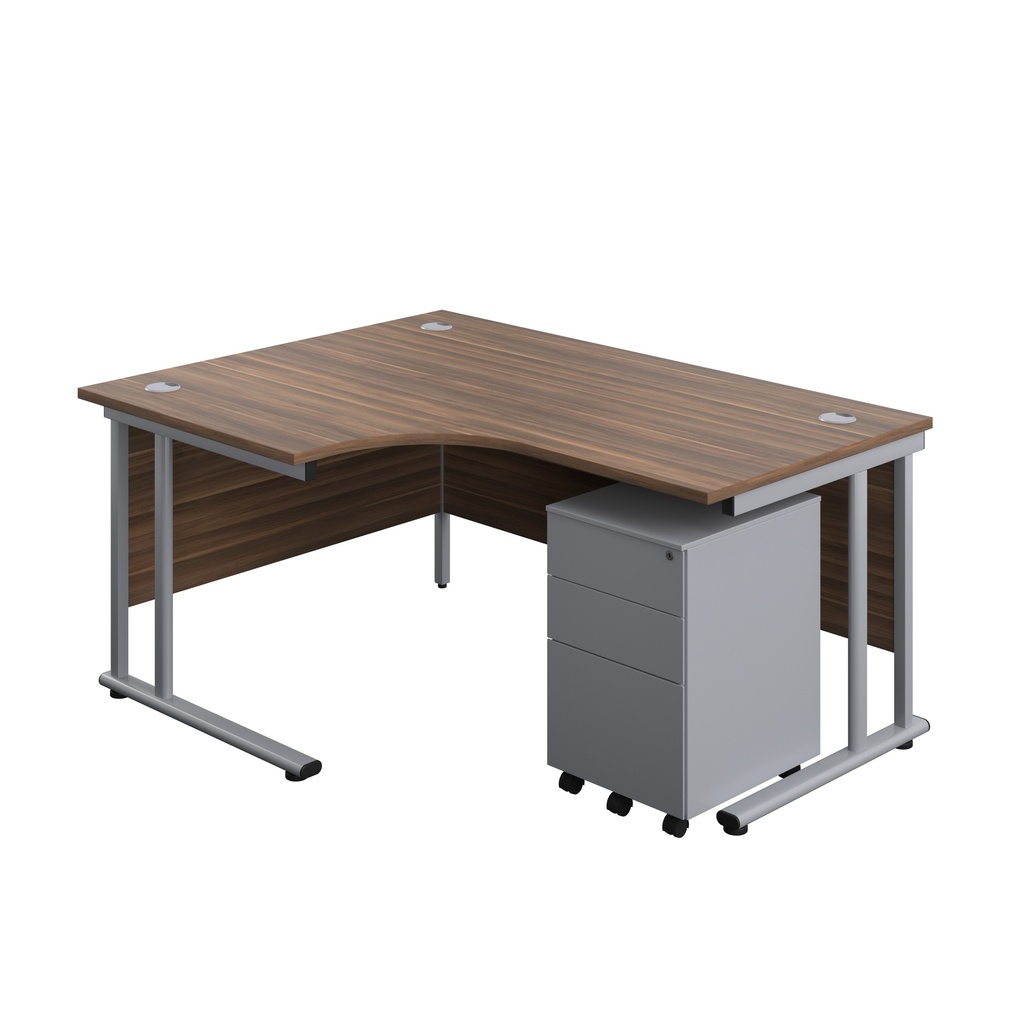Twin Upright Left Hand Radial Desk + Under Desk Steel Pedestal 3 Drawers (FSC) | 1600X1200 | Dark Walnut/Silver | 