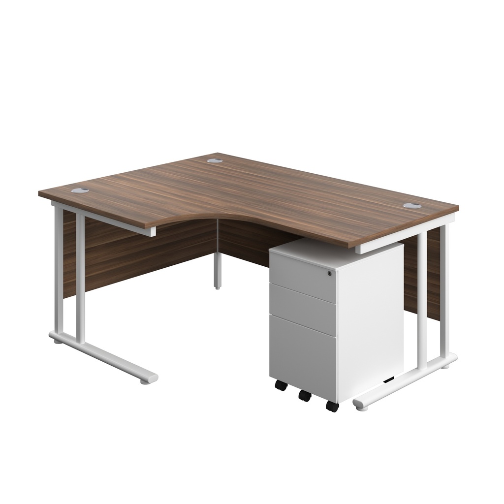 Twin Upright Left Hand Radial Desk + Under Desk Steel Pedestal 3 Drawers (FSC) | 1600X1200 | Dark Walnut/White | 