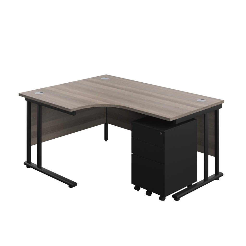 Twin Upright Left Hand Radial Desk + Under Desk Steel Pedestal 3 Drawers (FSC) | 1600X1200 | Grey Oak/Black | 