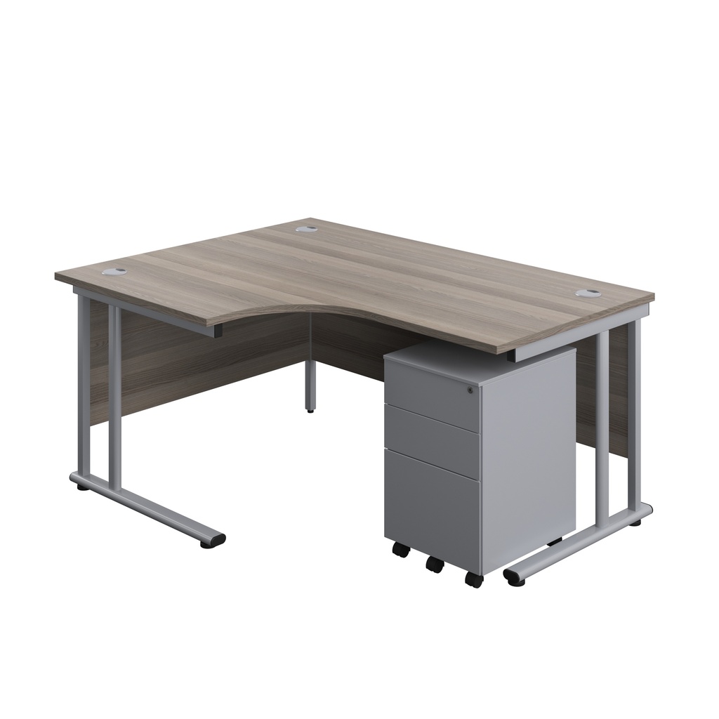 Twin Upright Left Hand Radial Desk + Under Desk Steel Pedestal 3 Drawers (FSC) | 1600X1200 | Grey Oak/Silver | 
