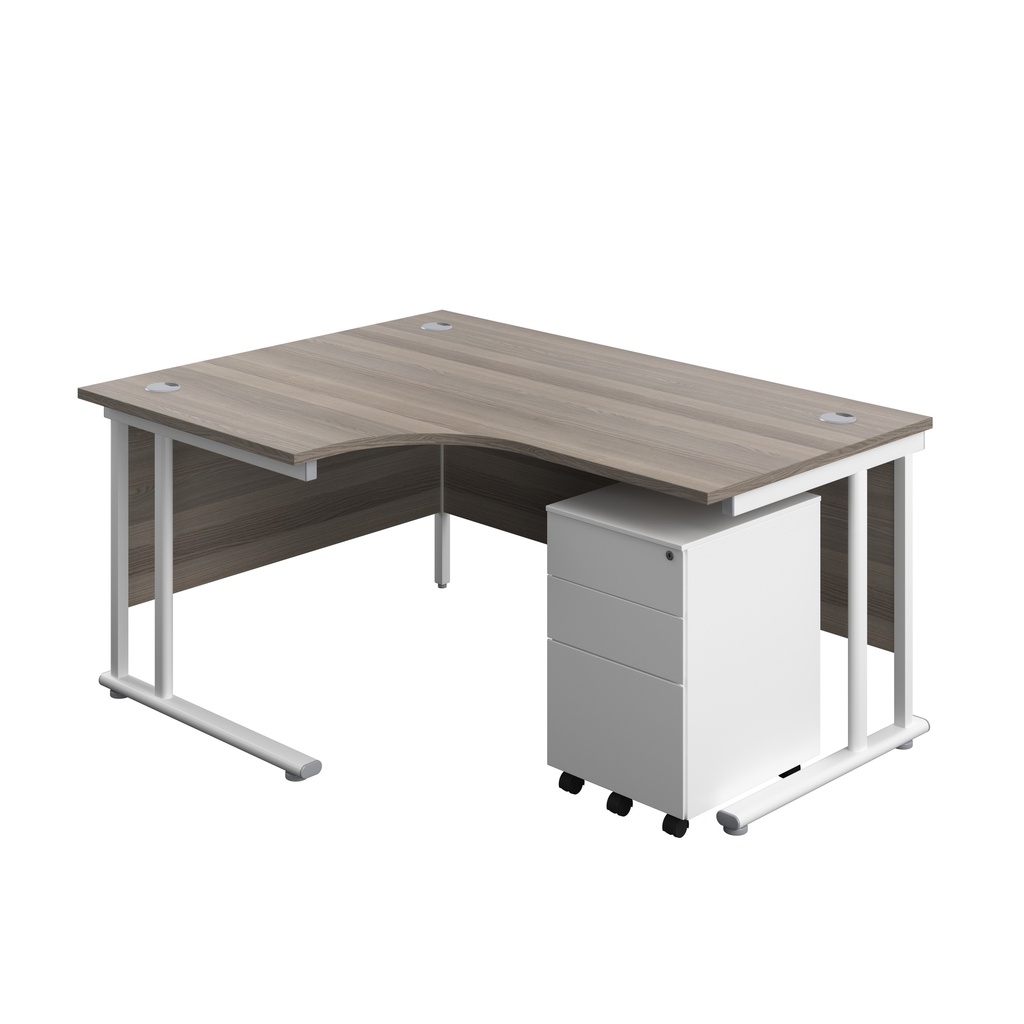 Twin Upright Left Hand Radial Desk + Under Desk Steel Pedestal 3 Drawers (FSC) | 1600X1200 | Grey Oak/White | 