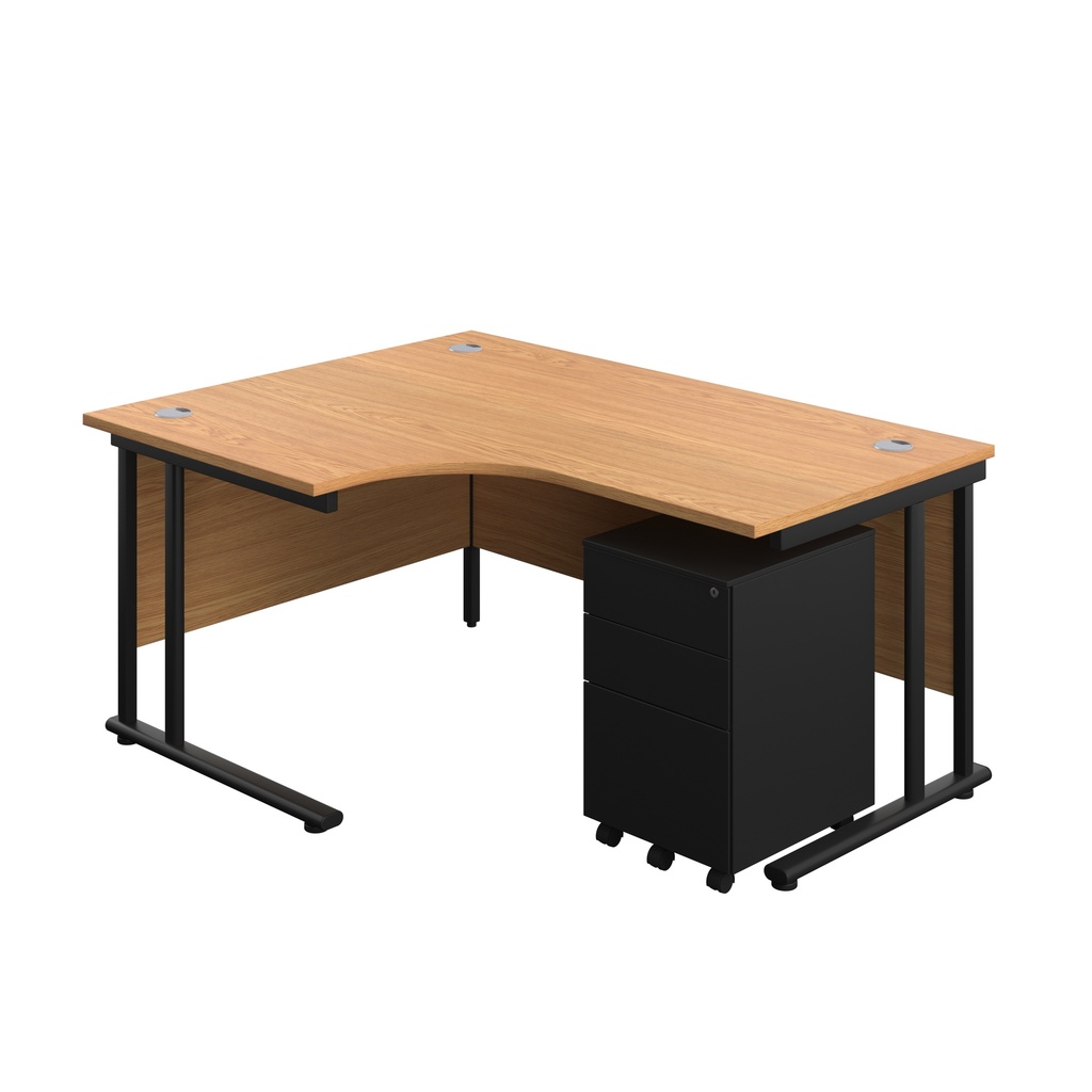 Twin Upright Left Hand Radial Desk + Under Desk Steel Pedestal 3 Drawers (FSC) | 1600X1200 | Nova Oak/Black | 