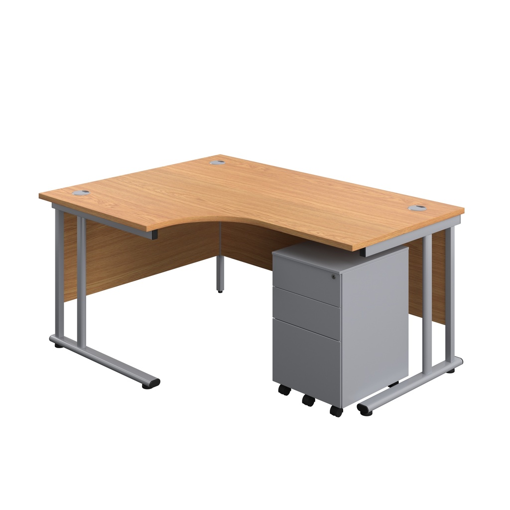 Twin Upright Left Hand Radial Desk + Under Desk Steel Pedestal 3 Drawers (FSC) | 1600X1200 | Nova Oak/Silver | 