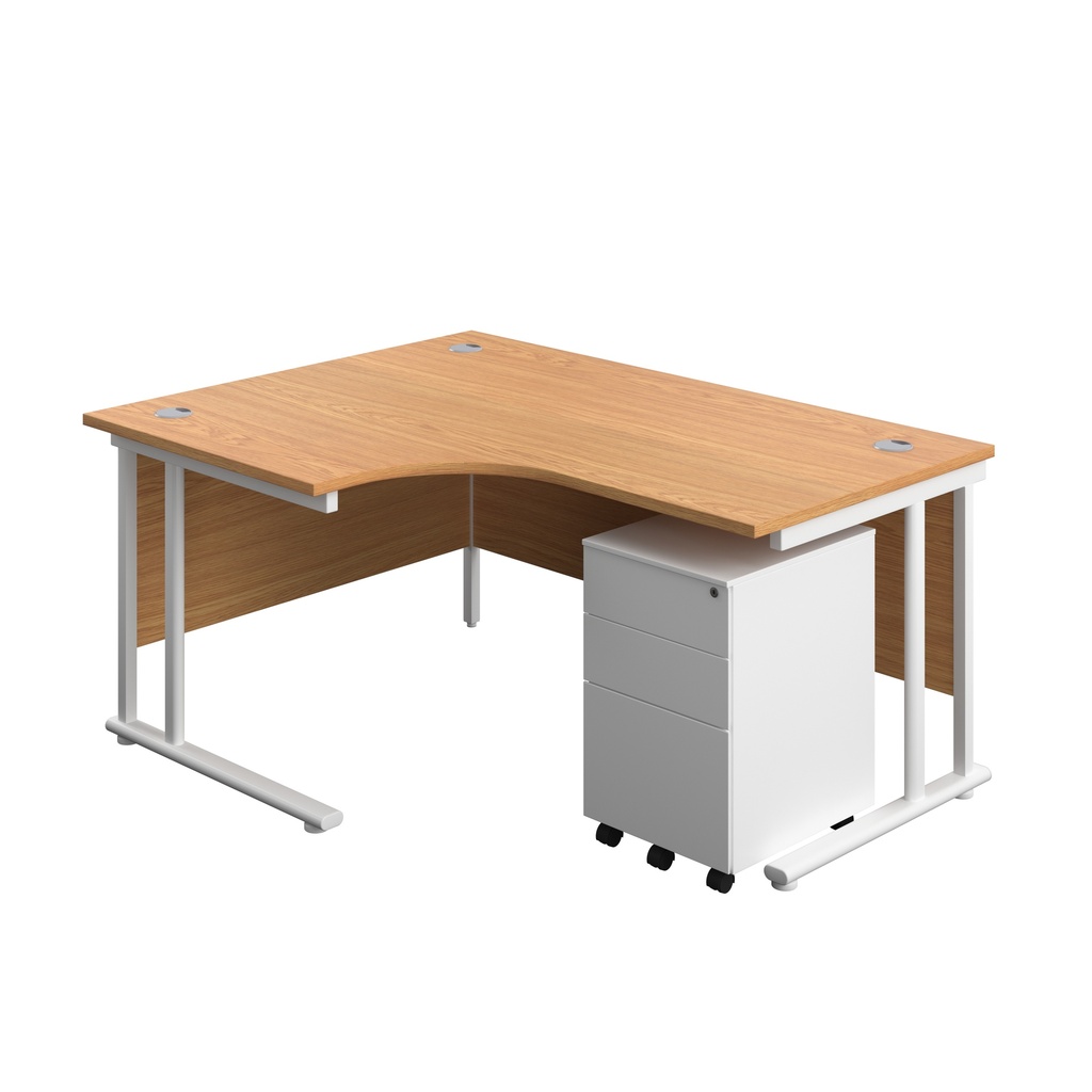 Twin Upright Left Hand Radial Desk + Under Desk Steel Pedestal 3 Drawers (FSC) | 1600X1200 | Nova Oak/White | 