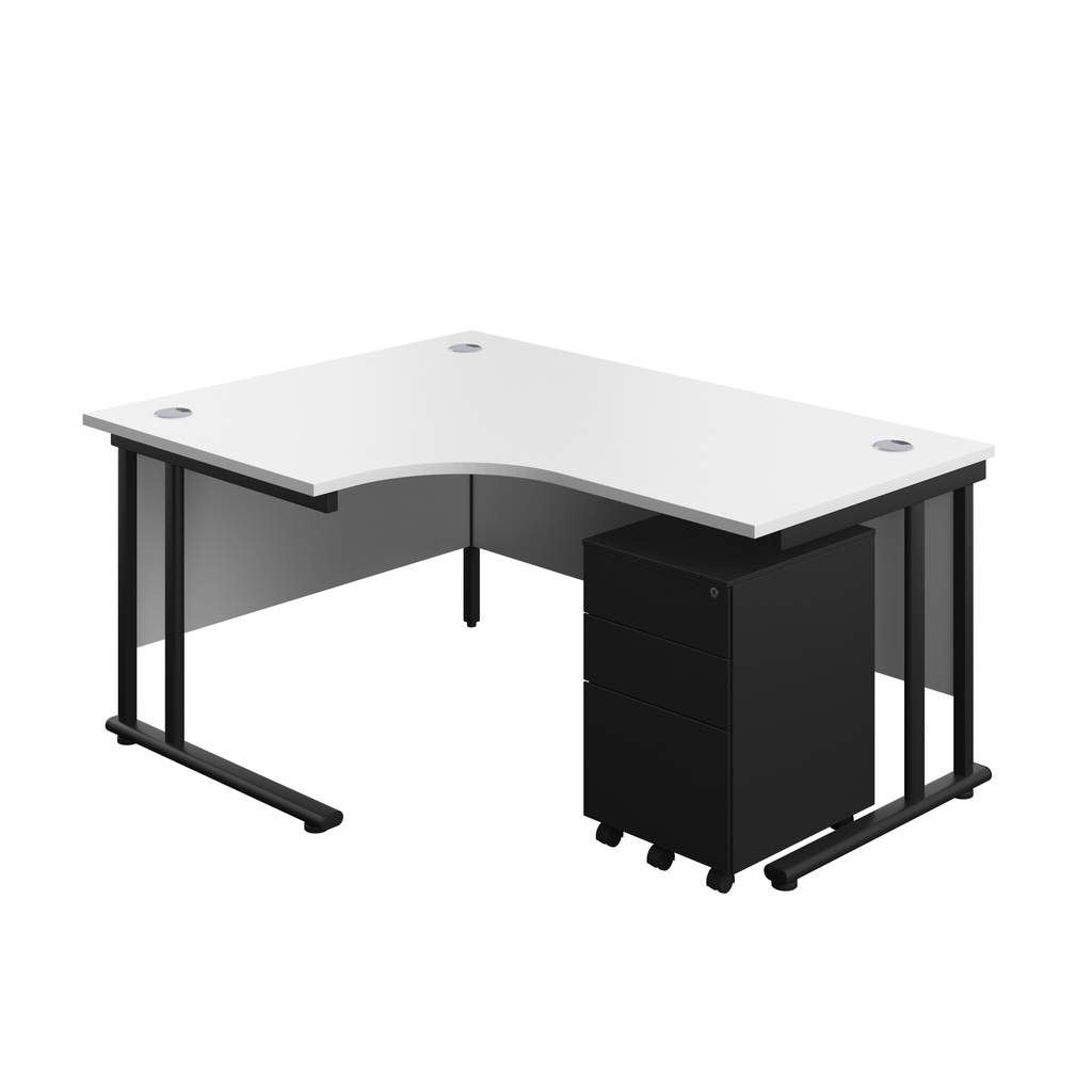Twin Upright Left Hand Radial Desk + Under Desk Steel Pedestal 3 Drawers (FSC) | 1600X1200 | White/Black | 