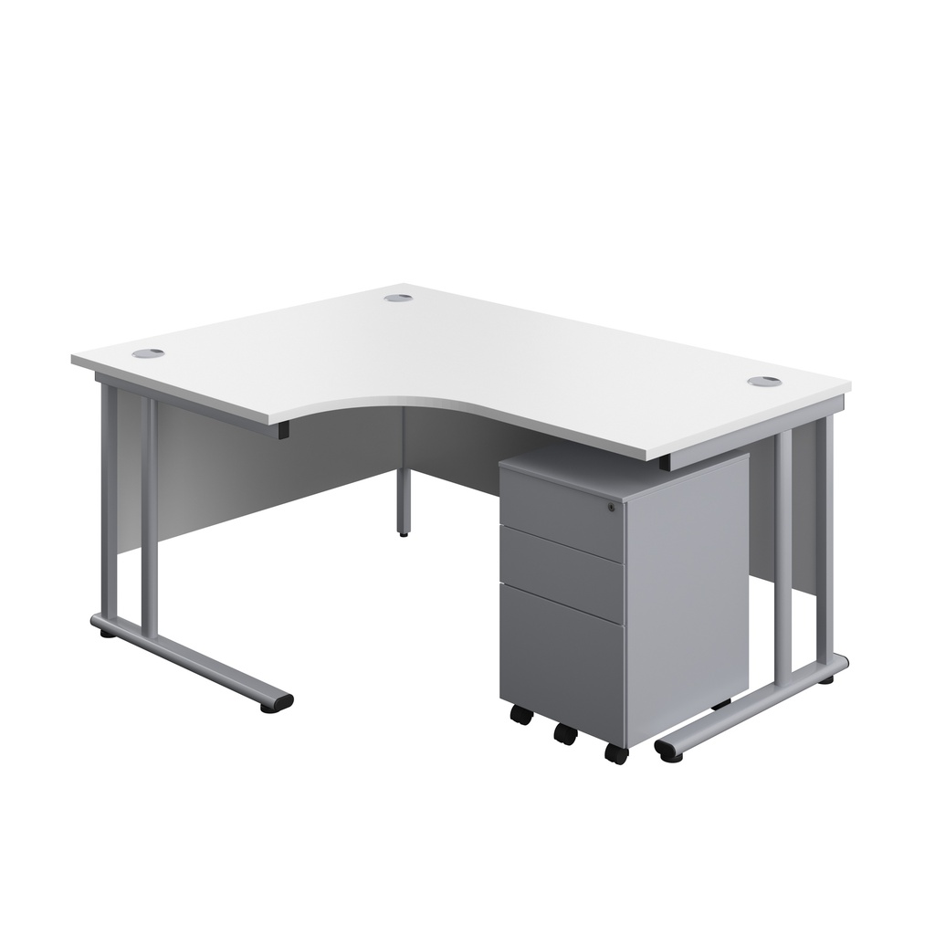 Twin Upright Left Hand Radial Desk + Under Desk Steel Pedestal 3 Drawers (FSC) | 1600X1200 | White/Silver | 