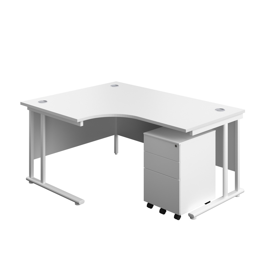 Twin Upright Left Hand Radial Desk + Under Desk Steel Pedestal 3 Drawers (FSC) | 1600X1200 | White/White | 