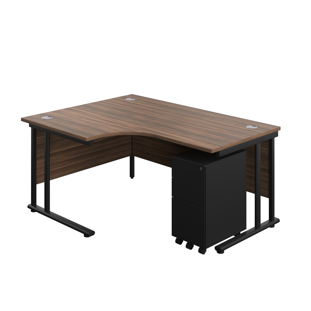 Twin Upright Left Hand Radial Desk + Slimline Steel Pedestal 3 Drawers (FSC) | 1600X1200 | Dark Walnut/Black | 