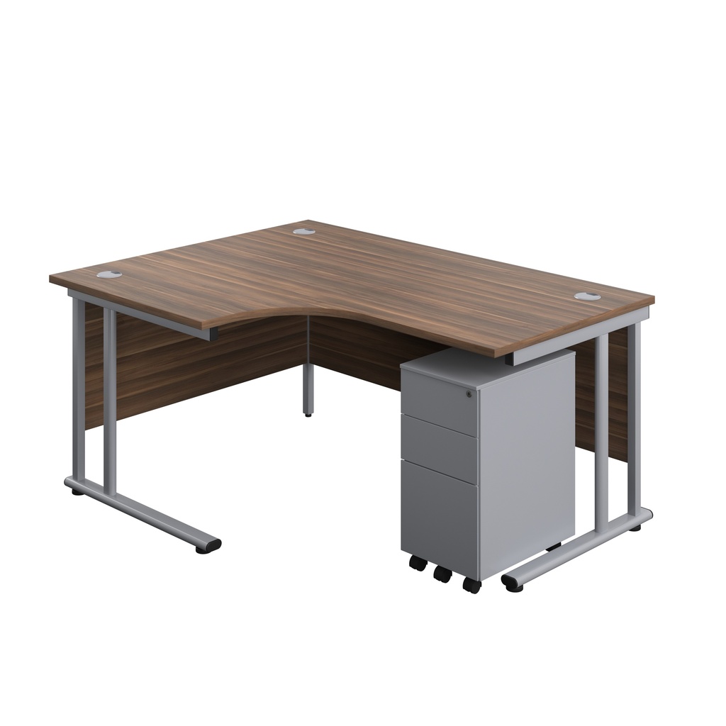 Twin Upright Left Hand Radial Desk + Slimline Steel Pedestal 3 Drawers (FSC) | 1600X1200 | Dark Walnut/Silver | 
