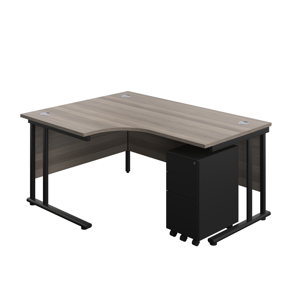 Twin Upright Left Hand Radial Desk + Slimline Steel Pedestal 3 Drawers (FSC) | 1600X1200 | Grey Oak/Black | 