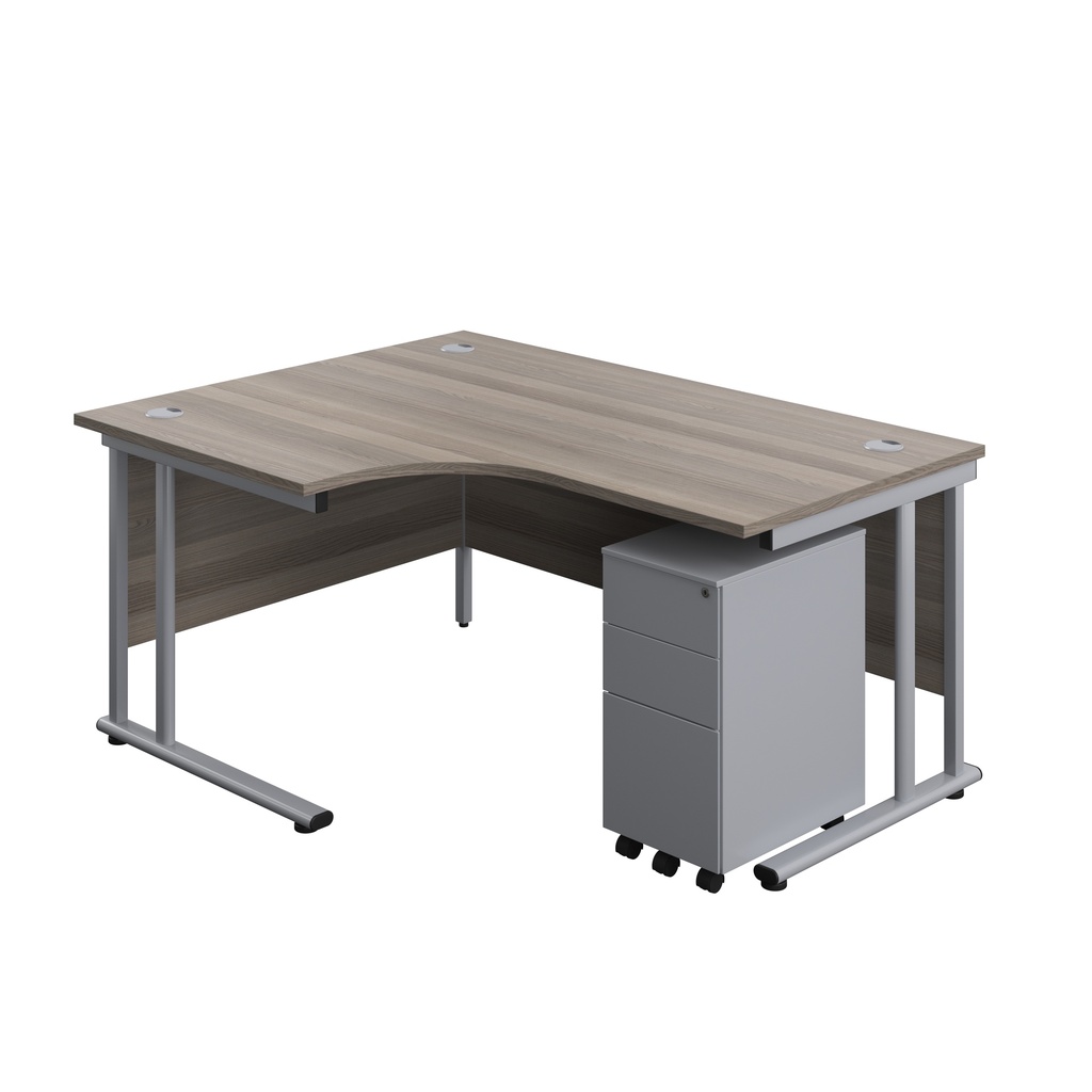 Twin Upright Left Hand Radial Desk + Slimline Steel Pedestal 3 Drawers (FSC) | 1600X1200 | Grey Oak/Silver | 