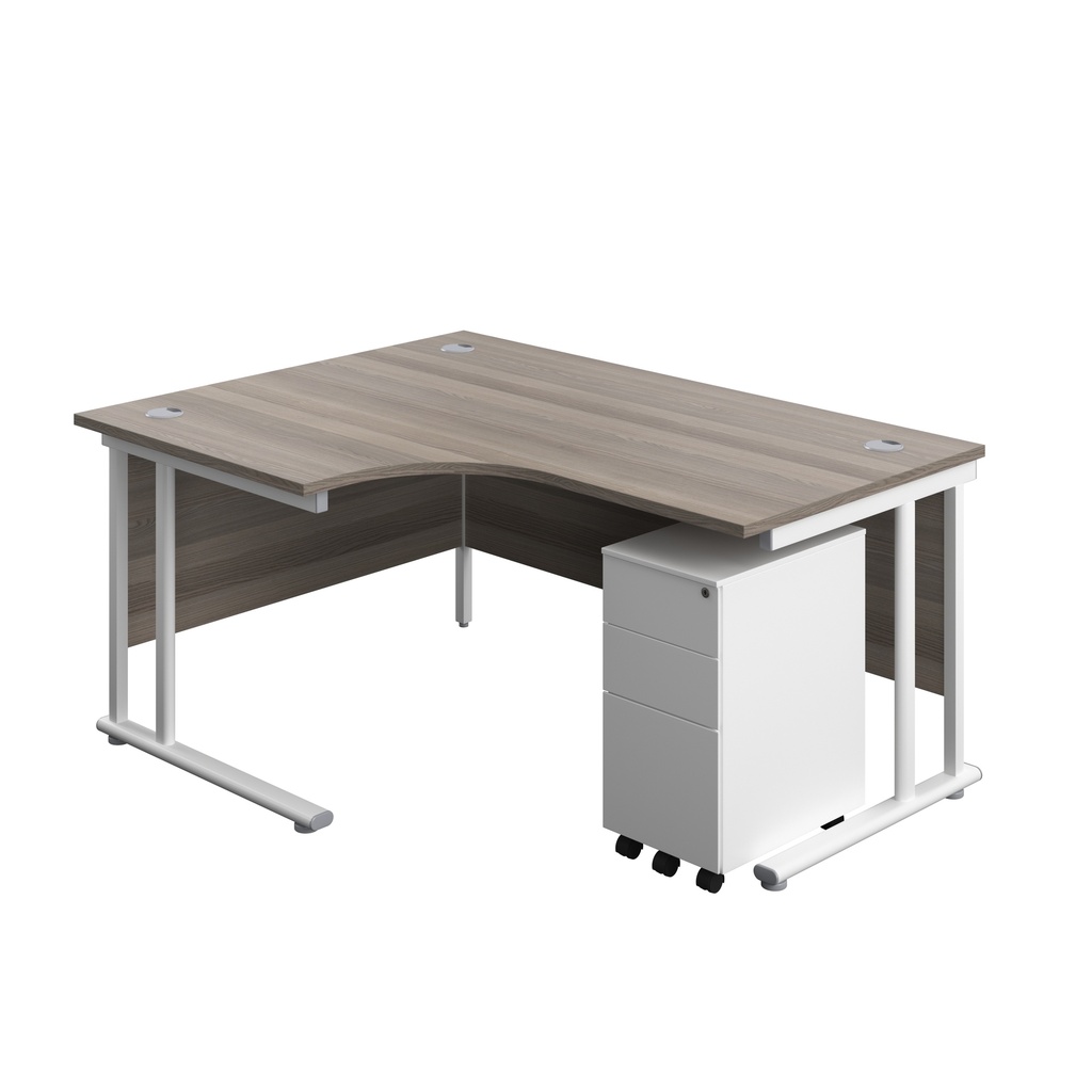 Twin Upright Left Hand Radial Desk + Slimline Steel Pedestal 3 Drawers (FSC) | 1600X1200 | Grey Oak/White | 