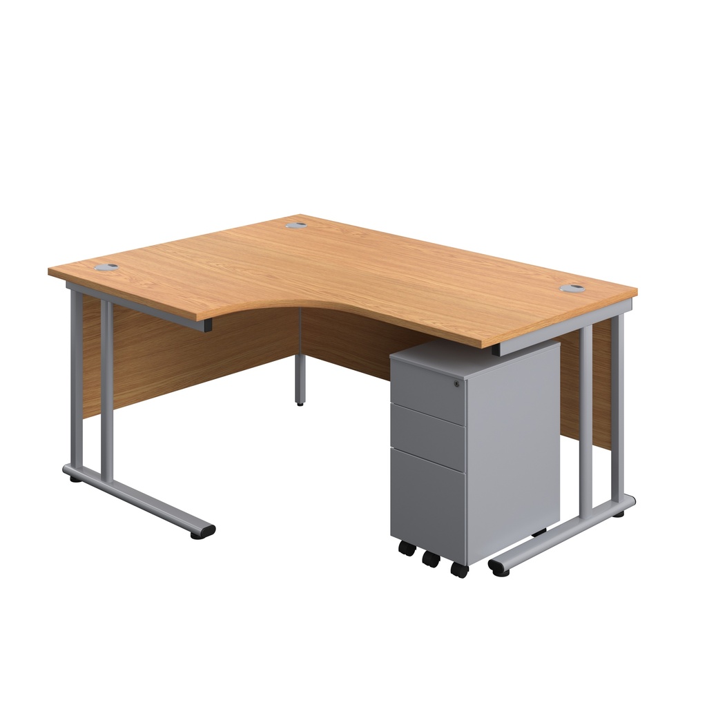Twin Upright Left Hand Radial Desk + Slimline Steel Pedestal 3 Drawers (FSC) | 1600X1200 | Nova Oak/Silver | 