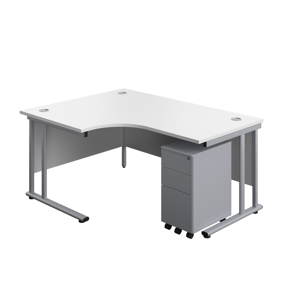 Twin Upright Left Hand Radial Desk + Slimline Steel Pedestal 3 Drawers (FSC) | 1600X1200 | White/Silver | 