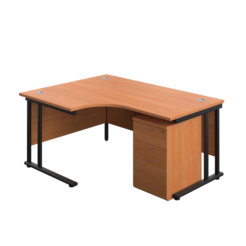 Twin Upright Left Hand Radial Desk + High Mobile Pedestal 3 Drawer (FSC) | 1600X1200 | Beech/Black | 