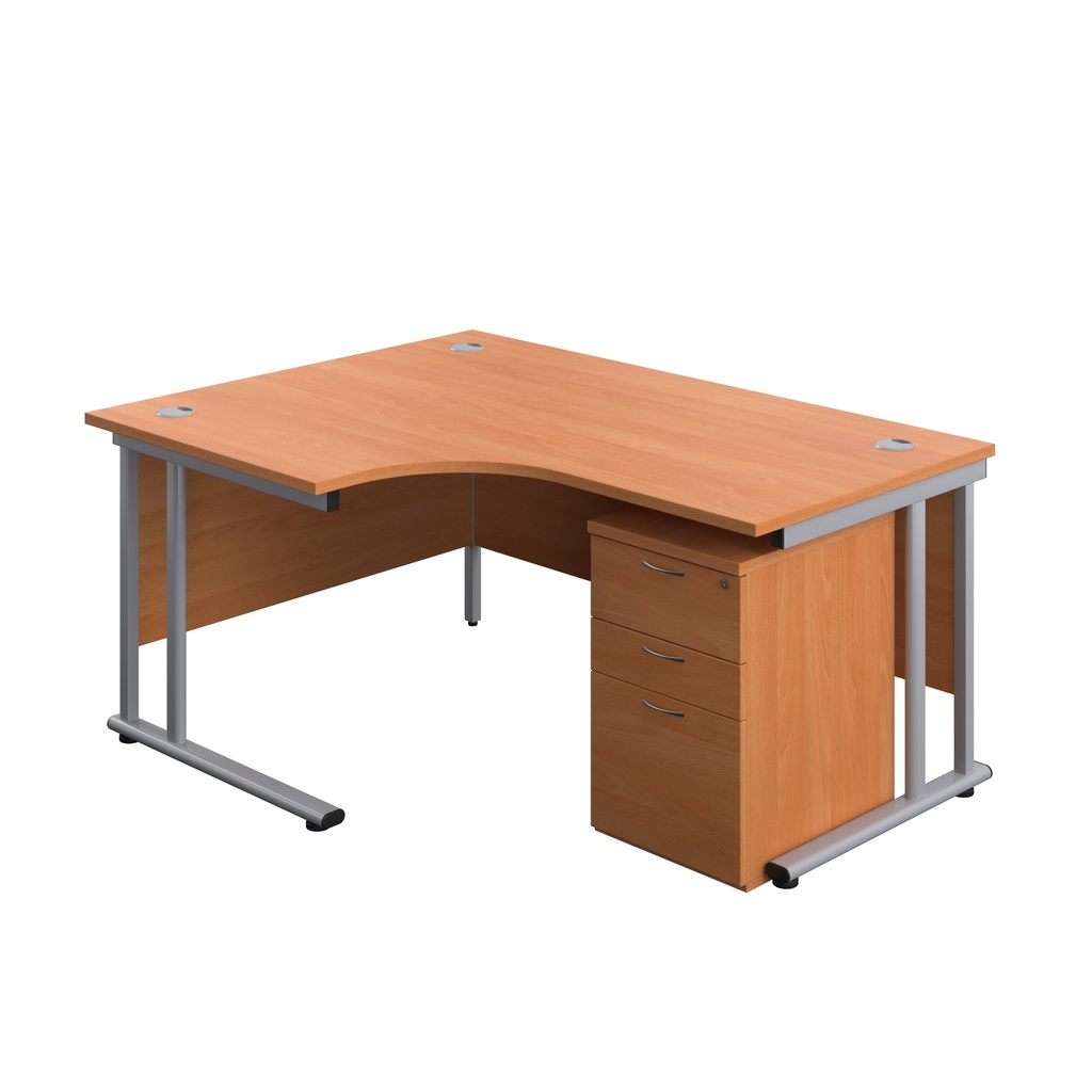 Twin Upright Left Hand Radial Desk + High Mobile Pedestal 3 Drawer (FSC) | 1600X1200 | Beech/Silver | 