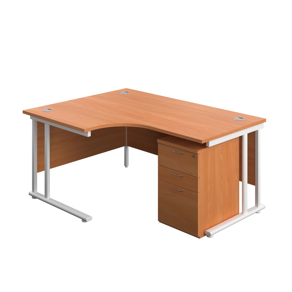 Twin Upright Left Hand Radial Desk + High Mobile Pedestal 3 Drawer (FSC) | 1600X1200 | Beech/White | 