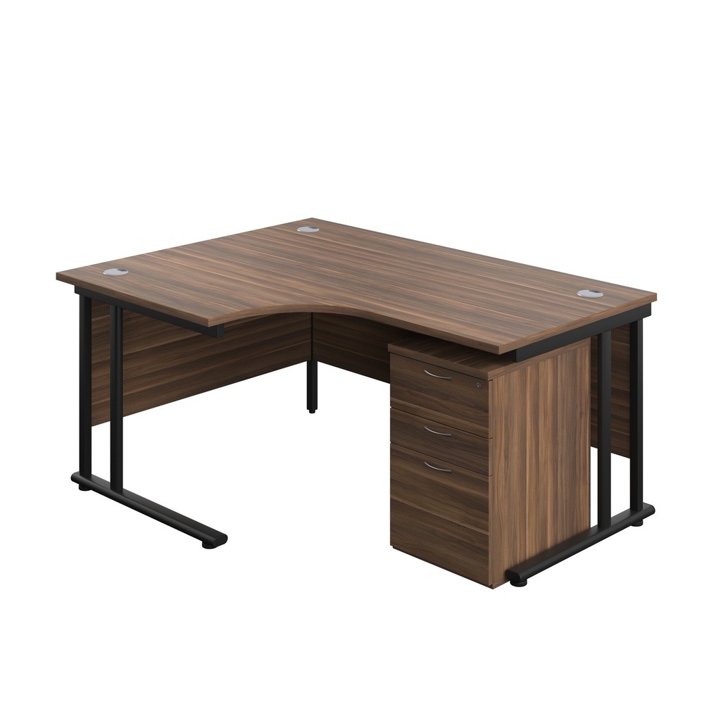 Twin Upright Left Hand Radial Desk + High Mobile Pedestal 3 Drawer (FSC) | 1600X1200 | Dark Walnut/Black | 
