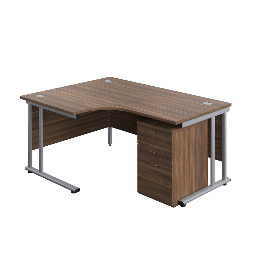 Twin Upright Left Hand Radial Desk + High Mobile Pedestal 3 Drawer (FSC) | 1600X1200 | Dark Walnut/Silver | 