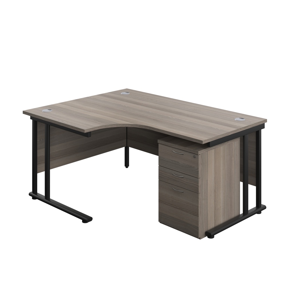 Twin Upright Left Hand Radial Desk + High Mobile Pedestal 3 Drawer (FSC) | 1600X1200 | Grey Oak/Black | 