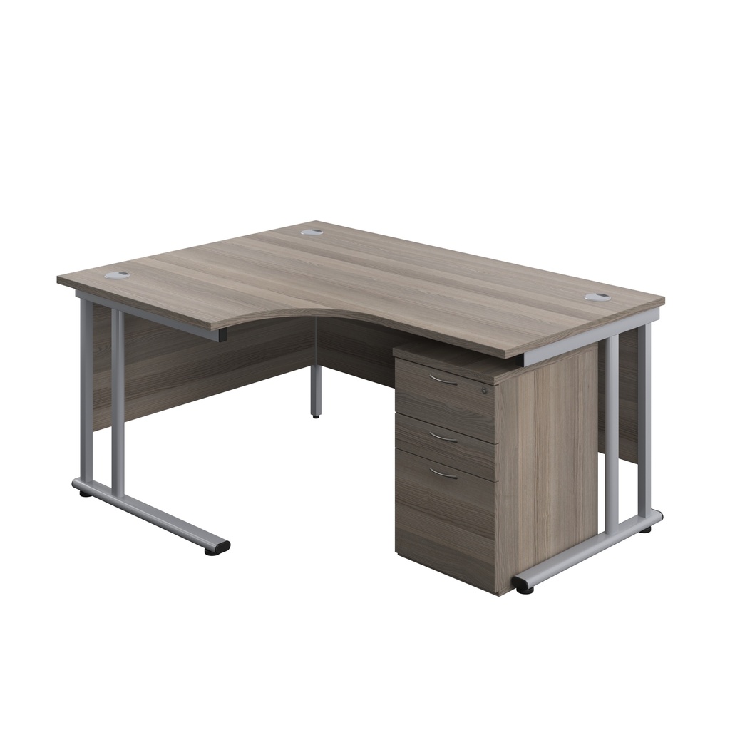 Twin Upright Left Hand Radial Desk + High Mobile Pedestal 3 Drawer (FSC) | 1600X1200 | Grey Oak/Silver | 