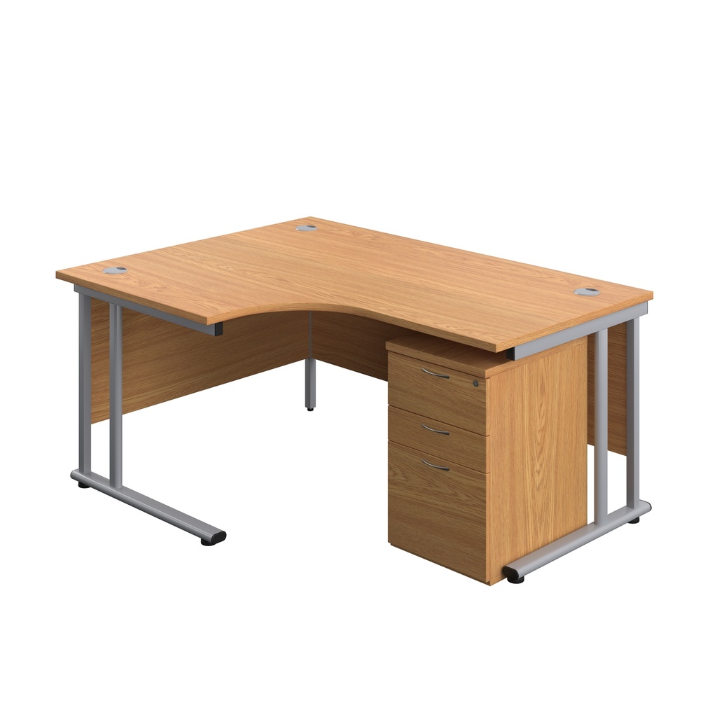 Twin Upright Left Hand Radial Desk + High Mobile Pedestal 3 Drawer (FSC) | 1600X1200 | Nova Oak/Silver | 