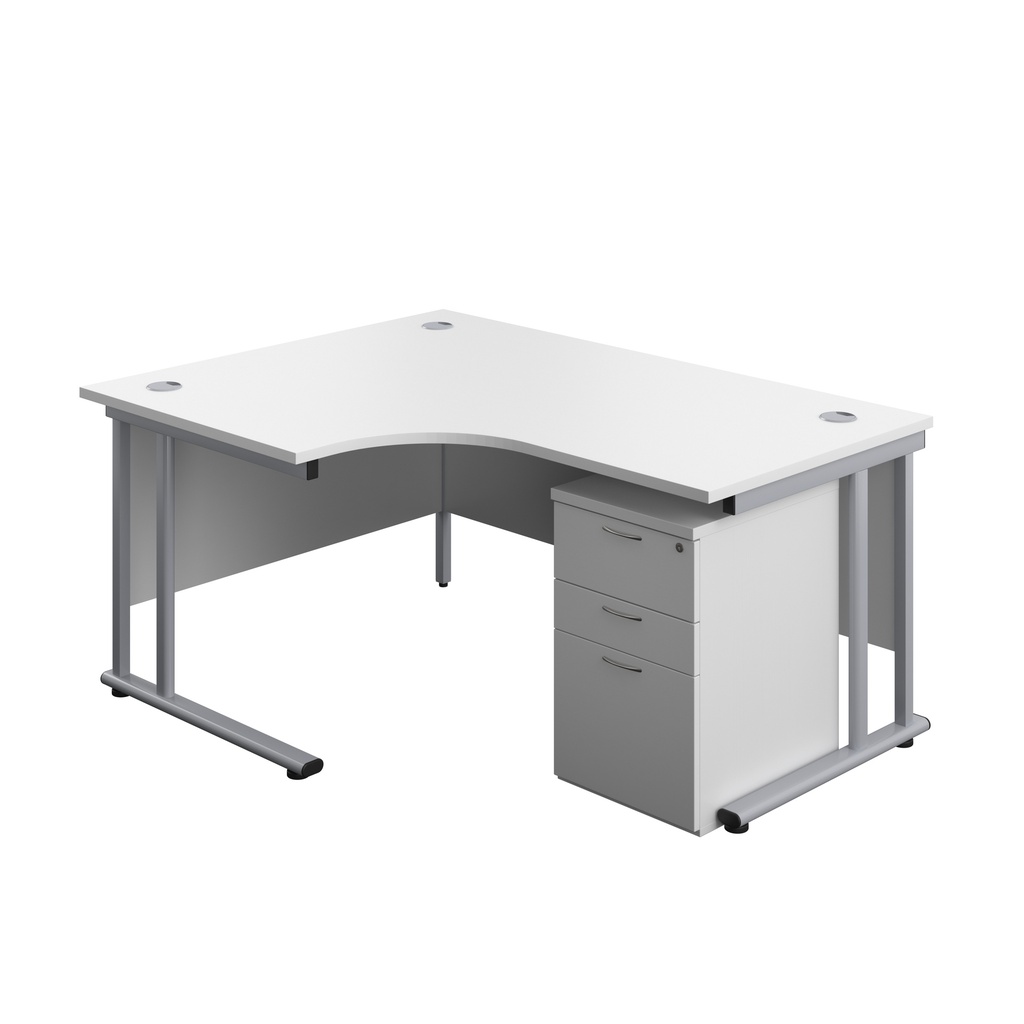 Twin Upright Left Hand Radial Desk + High Mobile Pedestal 3 Drawer (FSC) | 1600X1200 | White/Silver | 