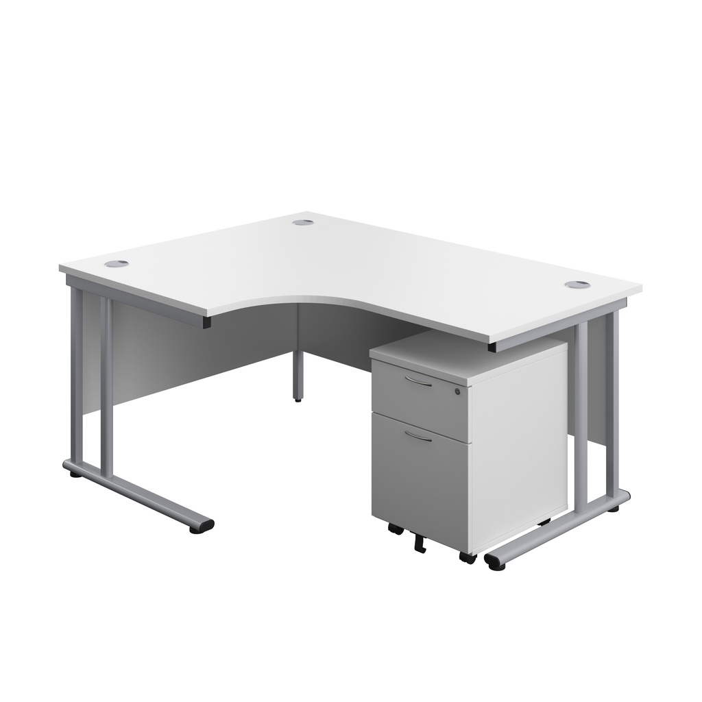 Twin Upright Left Hand Radial Desk + Mobile 2 Drawer Pedestal (FSC) | 1600X1200 | White/Silver | 