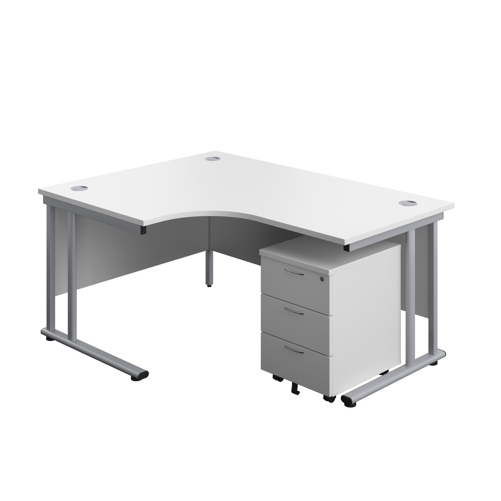 Twin Upright Left Hand Radial Desk + Mobile 3 Drawer Pedestal (FSC) | 1600X1200 | White/Silver | 