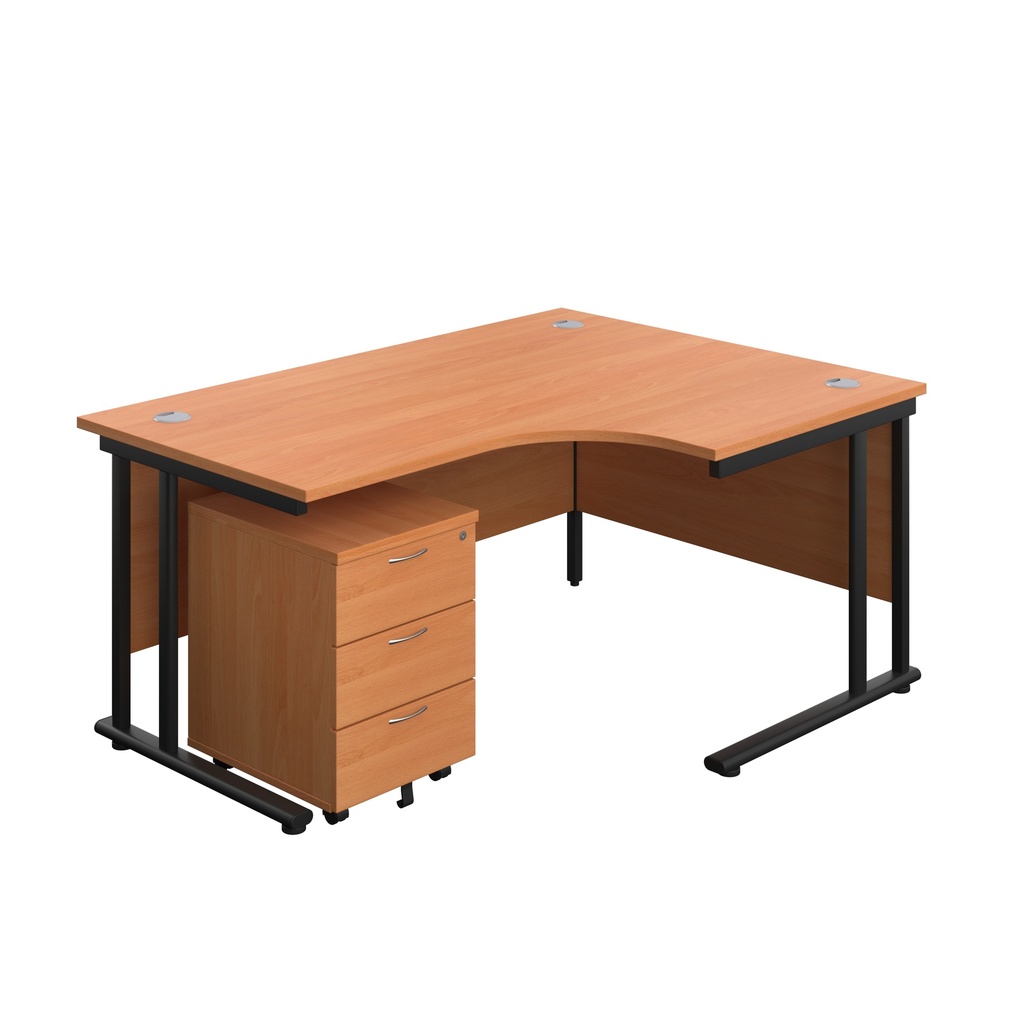 Twin Upright Right Hand Radial Desk + Mobile 3 Drawer Pedestal (FSC) | 1600X1200 | Beech/Black | 