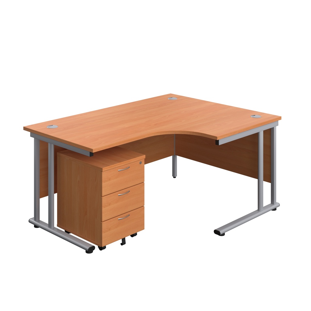 Twin Upright Right Hand Radial Desk + Mobile 3 Drawer Pedestal (FSC) | 1600X1200 | Beech/Silver | 