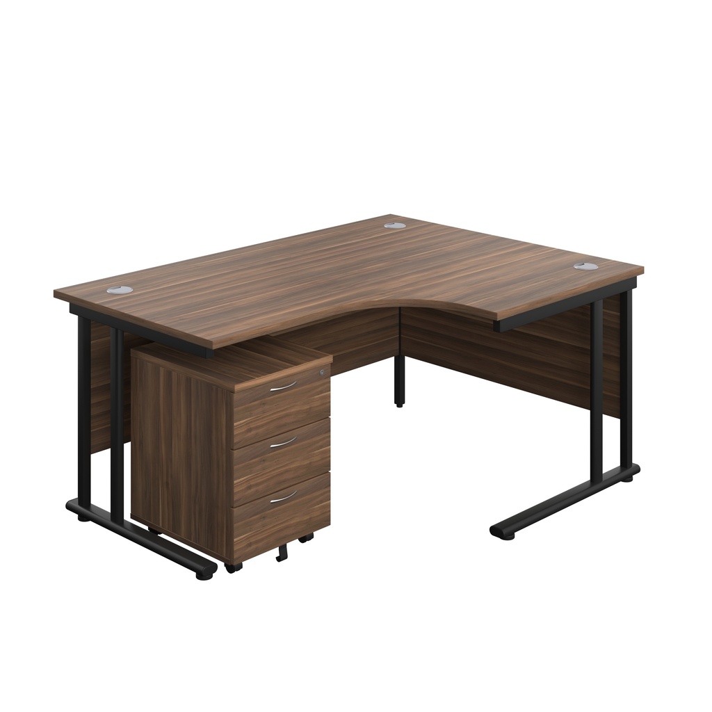 Twin Upright Right Hand Radial Desk + Mobile 3 Drawer Pedestal (FSC) | 1600X1200 | Dark Walnut/Black | 