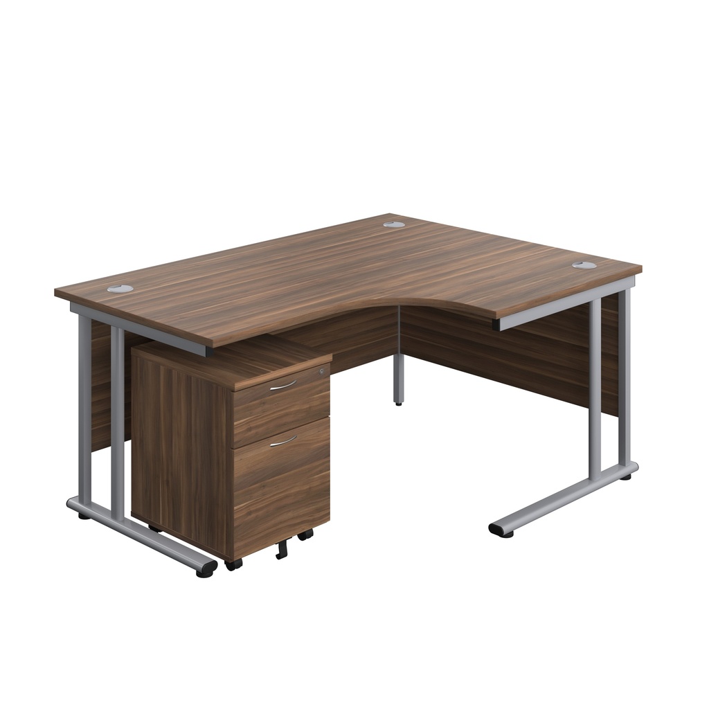 Twin Upright Right Hand Radial Desk + Mobile 2 Drawer Pedestal (FSC) | 1600X1200 | Dark Walnut/Silver | 
