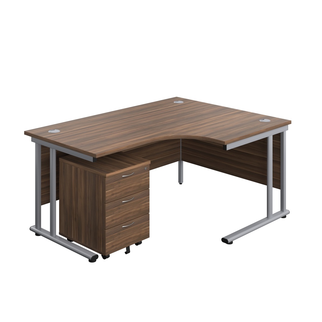 Twin Upright Right Hand Radial Desk + Mobile 3 Drawer Pedestal (FSC) | 1600X1200 | Dark Walnut/Silver | 
